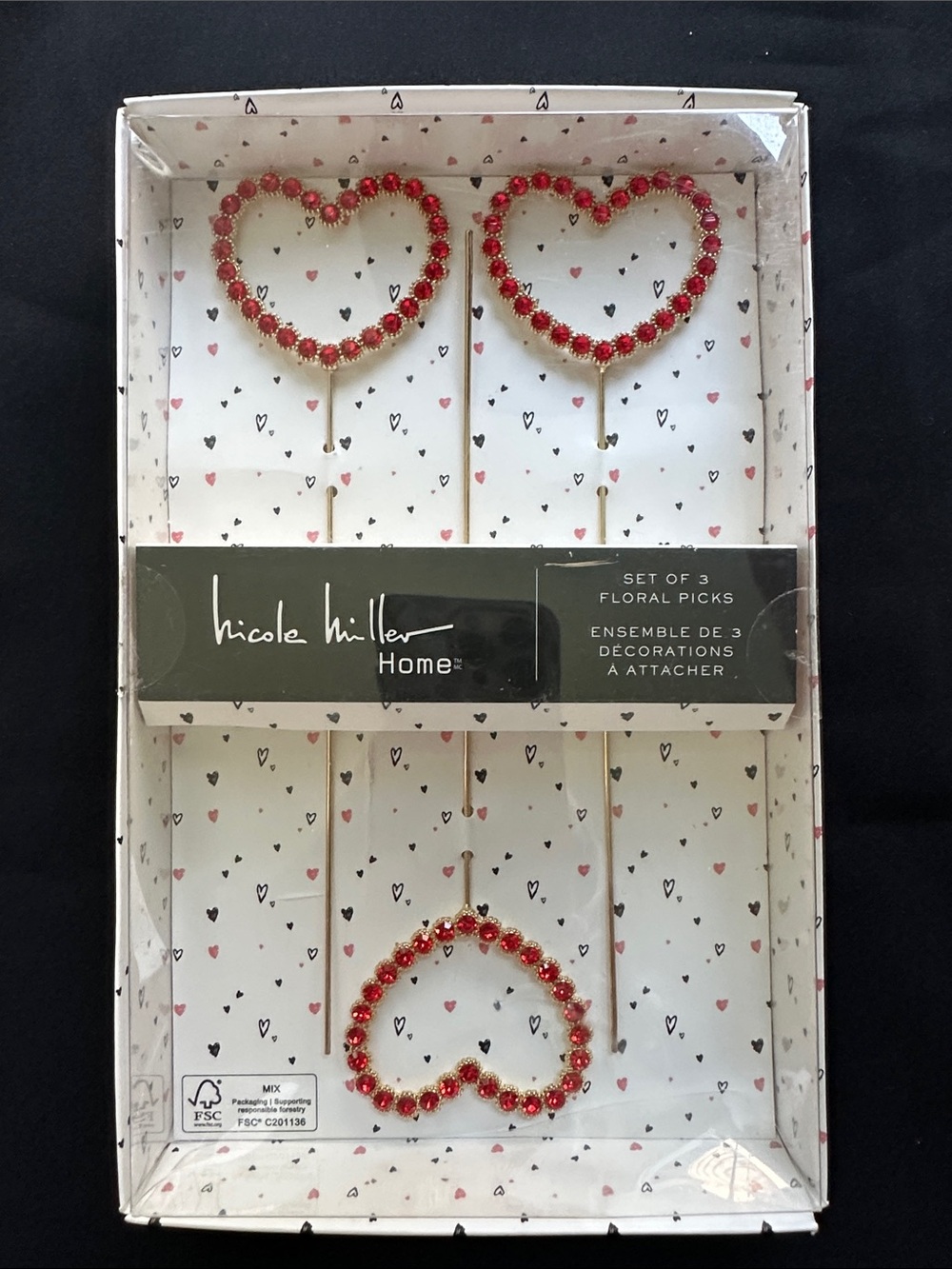 Nicole Miller NWT floral picks. Heart shaped red acrylic stones & goldtone picks